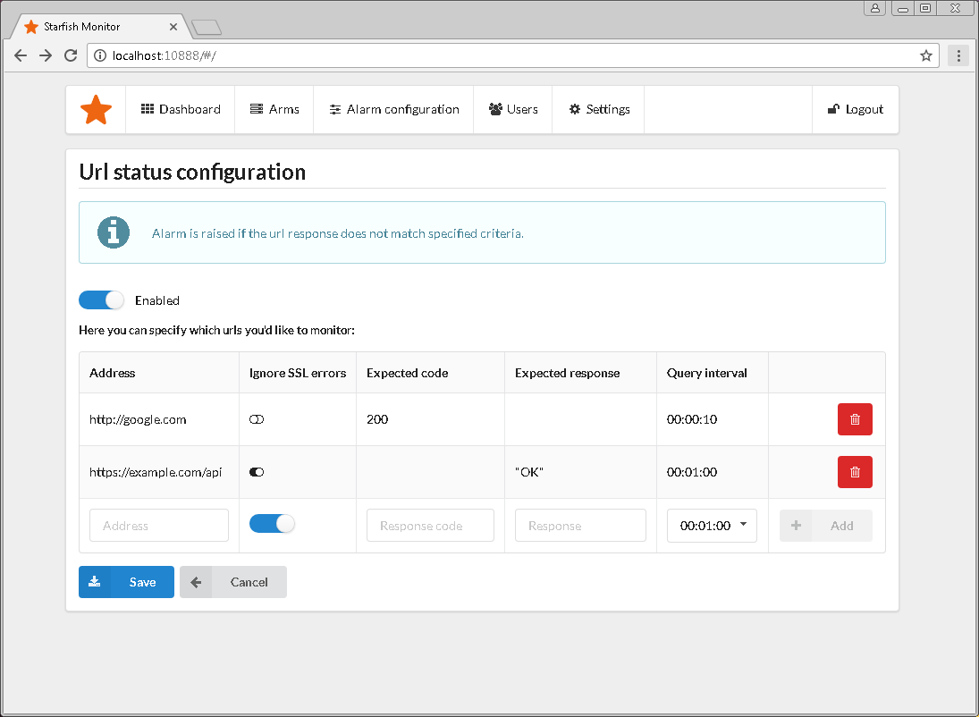 Url alert configuration screen