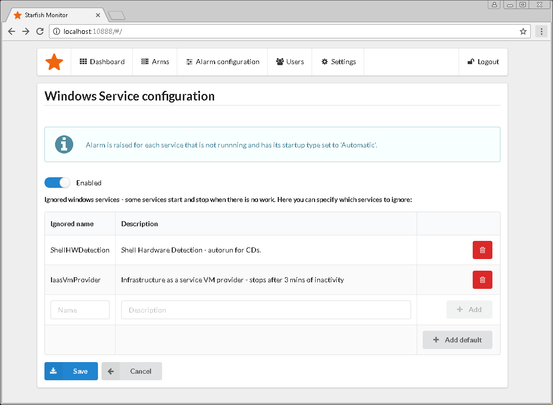 Windows Service alert configuration screen