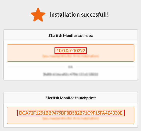 Starfish Monitor start screen showing server address and thumbprint